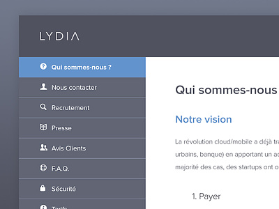 Lydia Internal Redesign blue clean flat icons menu minimal modern redesign sidebar web webdesign