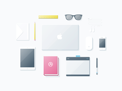 Packing up my things clean dribbble essentials freebie illustration packing up ruler sketch soft vector wacom wayfarer