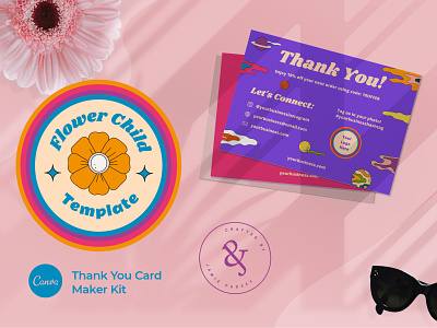 Flower Child Thank You Card Maker Kit 70s apparel branding design business card canva clothing brand customer engagement customer experience customer interaction ecommerce fashion flower child hippy online business online sales planets print out small business template thank you card