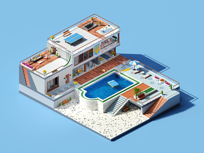 Detailed luxury villa 3d blender chair chill cycles flower home house isometric luxury pattern pool rest summer sun tennis tree vacation villa water