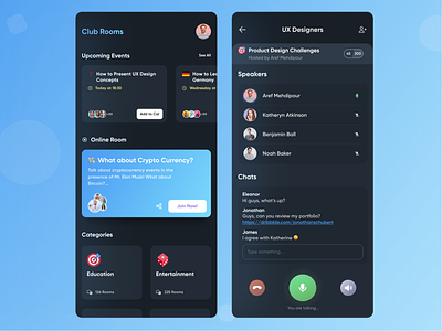 🎙 Club Rooms - Space for casual, drop-in audio android app audio blue chat club house design drop-in audio meeting microphone social talk ui ui design ux voice