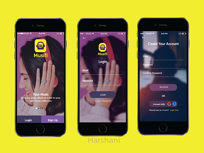 musifi Signup page app application design ios logo mobile music app musifi purple trending ui typogaphy uidesign uiux yellow