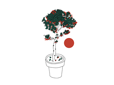 Green Red Tree and Japonaise Sun illustration vector web