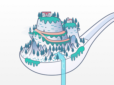 Floating Spoon forest house illustration island landscape mountain river spoon tree