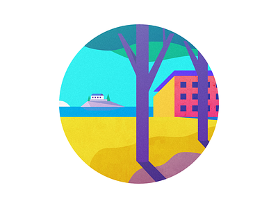 Colored Season beach flat house illustration island tree