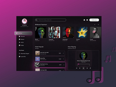 Music Streaming Dashboard app art artist branding dark darktheme dashboard design illustration logo music podcast popular premium streaming ui uidesign vector web website