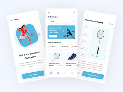 E-Commerce App - Eminton app badminton blue clean design e commerse equipment ios mobile mobile app racket sport sport app store store app ui uidesign uiux ux