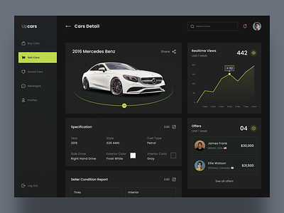 Cars Marketplace Dashboard Page car cars dahsboard dark dark mode dark theme dashboad dashboard dashbroad ecommerce flat graph interface marketplace sell sidebar ui uiux vehicle website