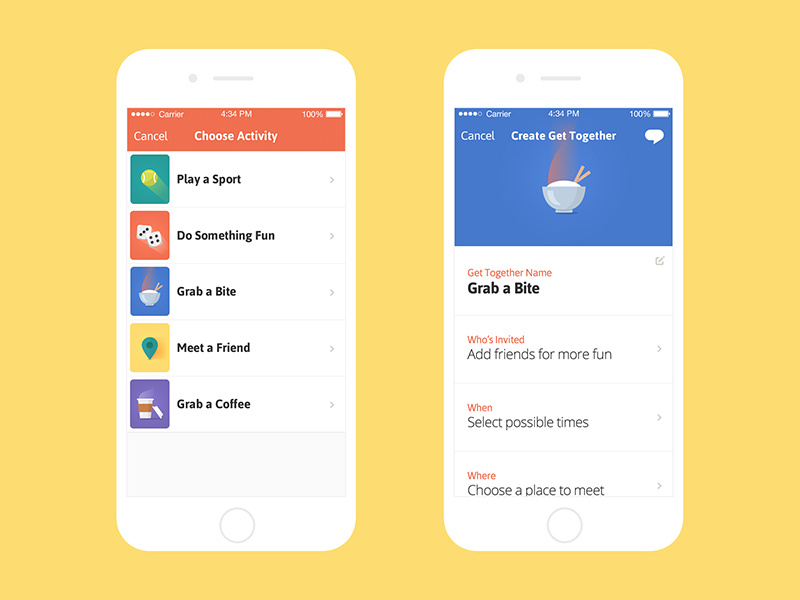 Choose Activity & Create Get Together activities icons event detail list app