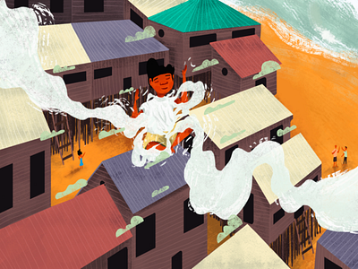 Mi buenaventura beach character art clouds color digital 2d floating free houses illustration