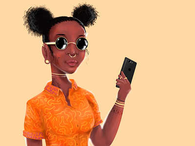 Black Girl With iPhone adobe photoshop cc illustration orange yellow