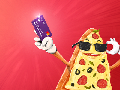 A pizza with its new credit card antropomorpic food credit card digital painting nubank pizza purple red seu menu seumenu