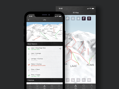Inside LAAX - Ski Lift Status and 3D Ski Slope Map 3d app design interface design ios development map mobile app mobile app design mountains ski switzerland ui ux winter