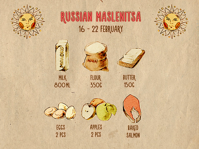 Russian Maslenitsa color digital drawing food illustration web
