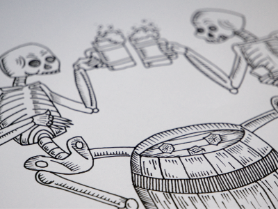 Triple Six black bone dice drawing illustration line skeleton