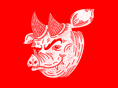 Horned Hog character design drawing engraving illustration