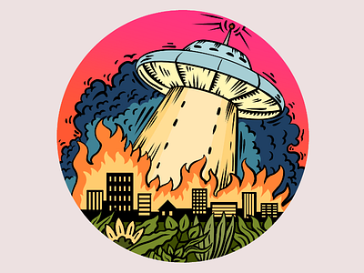 UFO Attack design digital drawing fire flat illustration red ufo
