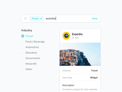 Search by Industry advanced search card checkbox design expedia search search bar search box stackla tag tile travel ui widget
