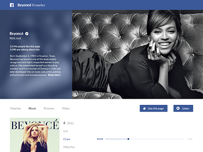 Facebook artist page app clean facebook flat music player redesign transparancy transparant ui ux