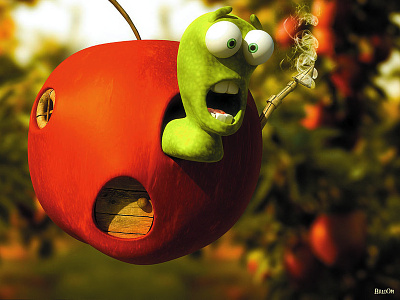 Li at His Home 3d animation apple cartoon cgi green illustration red tv worm