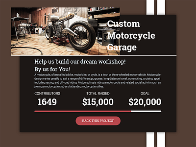 Crowdfunding Campaign 032 adobe xd button daily ui dailyui design garage motorbike motorcycle prototyping ui ux web workshop