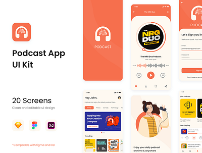 Podcast App UI Kit app dashboard home login mobile app music app onboarding podcast signup ui uidesign uikit
