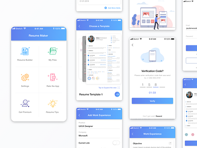 Resume Maker App app app branding dailyui dashboard design ios login mobile app mobile ui otp resume signup sketch splash ui