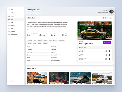 Rent cars, hotels, bikes, airplane, yacht booking cars design interface lamborghini map profile rent rental uiux web