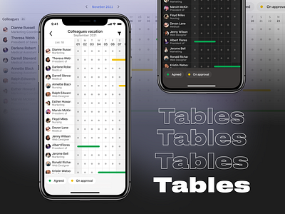Experiments with scrolling tables black calendar collegues corporate interface mobile tables typography uxui vacation