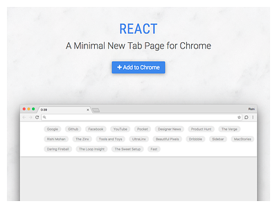 React New Tab Chrome Extension blue chrome extension grey landing light minimal web