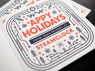 2019 Steamclock Holiday Cards blue cards christmas holiday holiday cards illustration letterpress red