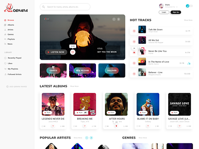 Qenara | Music Streaming Website (Home Page) home page music music website streaming ui website