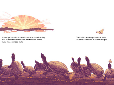 Last Rays of Sun block print butterfly illustration kidlitart linocut nature illustration picture book picturebook pond printmaking red and orange river sunset turtle turtles water