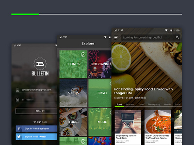 Bulletin android app design material design minimal design ui user experience user interface ux