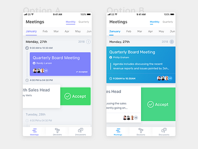 Meeting Schedules - Option A or Option B? calendar dashboard gradient meeting minimal mobile principle schedule sketchapp ui ux