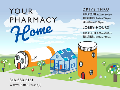 HMC Your Pharmacy Home Postcard ai bottles healthcare house illustration illustrator kansas nonprofit pharmacy pillbottles pills porch postcard