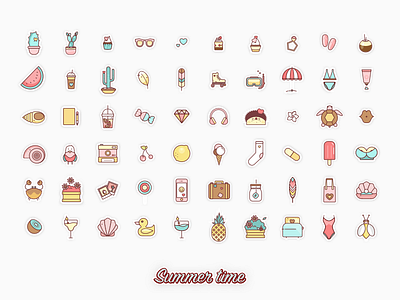 Summer Time badges cute fruits icons illustrations pastel sketch stickers summer sun