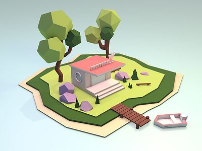 Paradise Island 3d boat cinema4d cocktail flat house island lowpoly tree