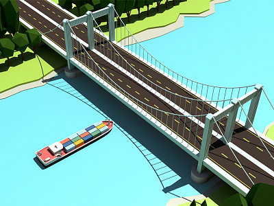 Rodenkirchen Bridge 3d bridge cable cinema4d container flat lowpoly ship