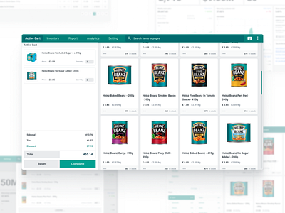 Point of sale dashboard design, The active cart page design.