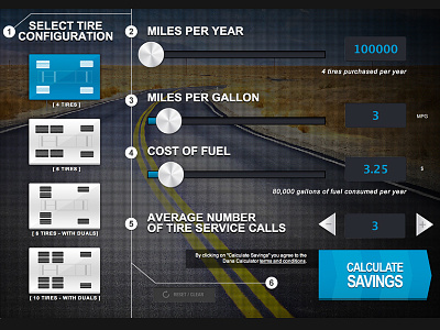 Fuel Savings Calculator blue calculator dark highway metal silver sliders steps tires ui ux