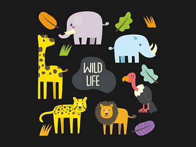 Wild Life animal character cheetah condor elephant flat giraffe illustration lion mascot rhino