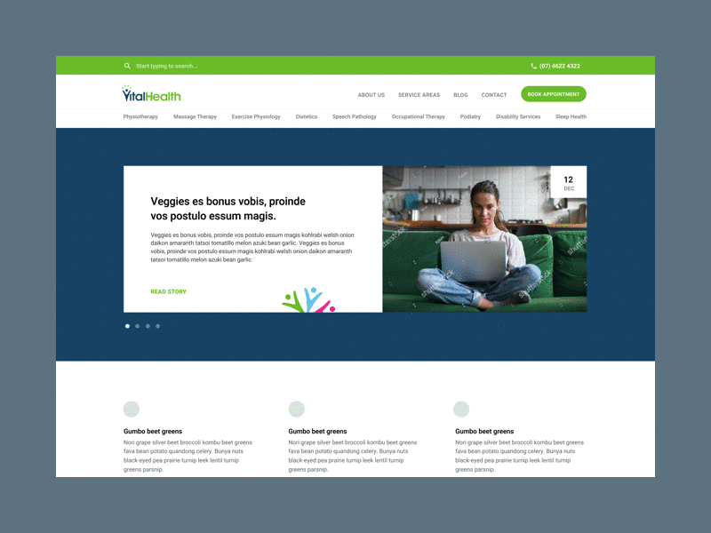 Vital Health contact design front end green health icons information layout links map menu mockup navigations page search slider ui ux web website