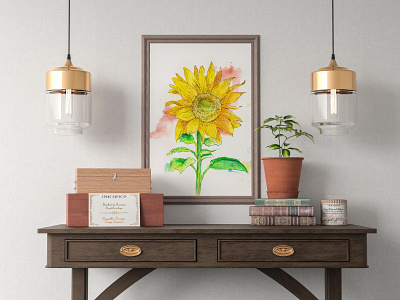 Sunflower botanical illustration design flower greating hand drawing hand painting illustration interior design mock up surealism wall art watercolor yellow