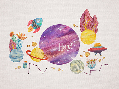 Hay! greating illustration outer space planetarium surealism watercolor