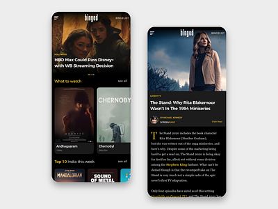Binged - Movies & TV Mobile Interface dark home homepage interface magazine mobile mobile app movies movies app rating review tv app tv show yellow