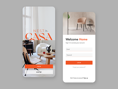 NestCasa - Luxury Furniture App Splash & Login design ecommerce ecommerce design furniture interface login logo luxury minimal mobile mobile app orange signup