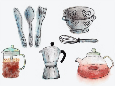 Watercolour Cooking Stuff coffee collander cooking cutlery food hand drawn illustration paint tea watercolor watercolour whisk