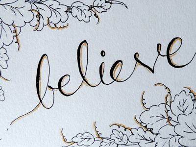 Believe botanical gold hand lettering illustration leaves nature pen