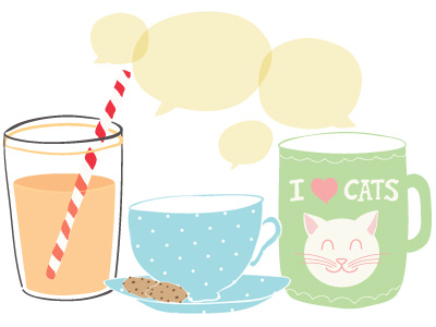 Illustrations for one of my blog pages blue cats coffee glass green hand drawn illustration juice mugs orange polkadot straw tea teacup vector